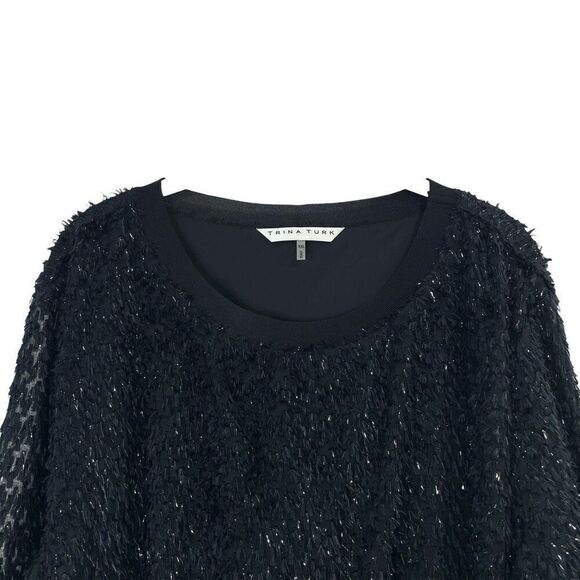 Trina Turk Metallic Shag fuzzy Sweatshirt top Size XXL black shiny sparkle - Picture 4 of 9